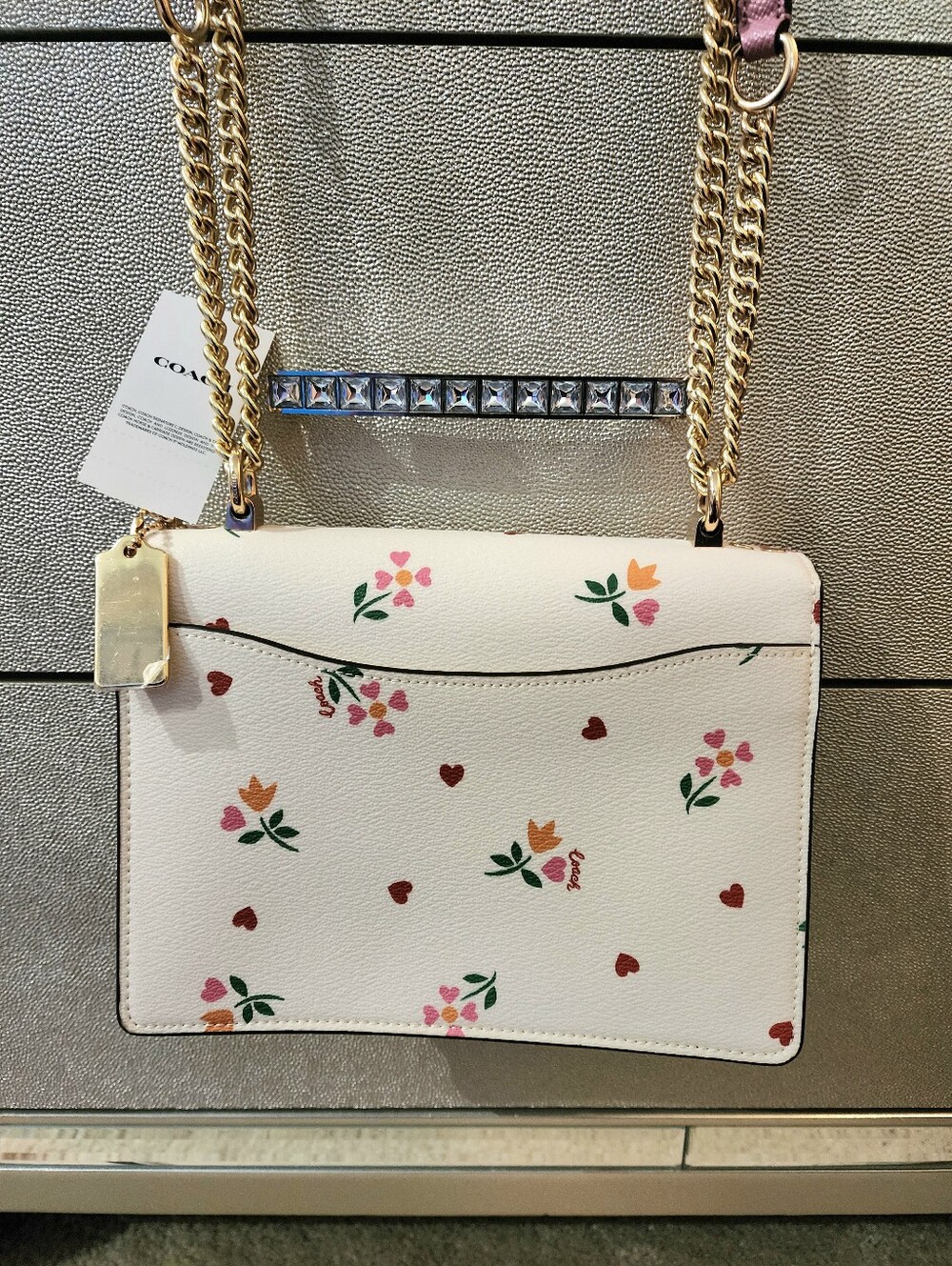 Coach Heart Petal Floral Purse Bag Gold Chain Crossbody Klaire Pink New C7596 - Picture 3 of 6